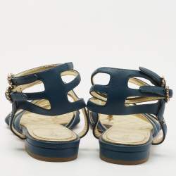 Pre Owned Chanel Blue Leather Interlocking CC Logo Ankle Strap Sandals Size 37