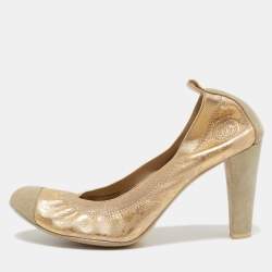Pre Owned Chanel Gold/Beige Brocade Fabric and Suede Scrunch Pumps Size 39.5