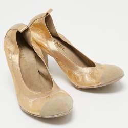 Pre Owned Chanel Gold/Beige Brocade Fabric and Suede Scrunch Pumps Size 39.5