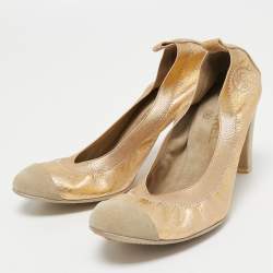 Pre Owned Chanel Gold/Beige Brocade Fabric and Suede Scrunch Pumps Size 39.5