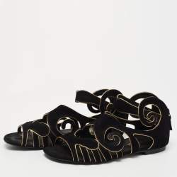Pre Owned Chanel Black/Gold Suede Caged Flat Sandals Size 38