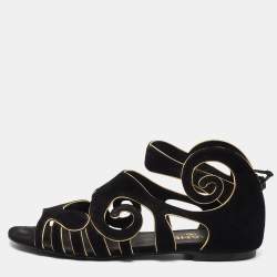 Pre Owned Chanel Black/Gold Suede Caged Flat Sandals Size 38
