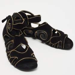 Pre Owned Chanel Black/Gold Suede Caged Flat Sandals Size 38