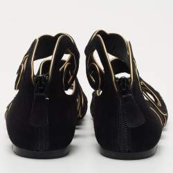 Pre Owned Chanel Black/Gold Suede Caged Flat Sandals Size 38