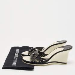 Chanel Black Leather Camelia Wedge Slide Sandals Size 39