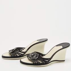 Chanel Black Leather Camelia Wedge Slide Sandals Size 39