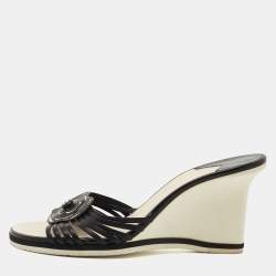 Chanel Black Leather Camelia Wedge Slide Sandals Size 39