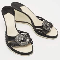 Chanel Black Leather Camelia Wedge Slide Sandals Size 39