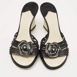 Chanel Black Leather Camelia Wedge Slide Sandals Size 39