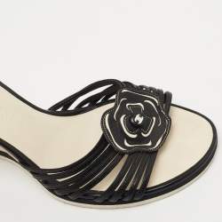 Chanel Black Leather Camelia Wedge Slide Sandals Size 39