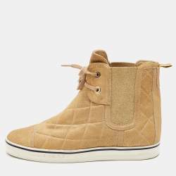 Pre Owned Chanel Metallic Gold Leather CC High Top Sneakers Size 38