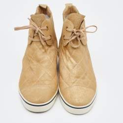 Pre Owned Chanel Metallic Gold Leather CC High Top Sneakers Size 38