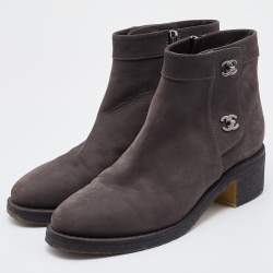 Chanel Grey Nubuck Leather CC Turnlock Ankle Length Boots Size 40.5