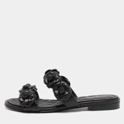 Chanel Black Leather Camellia Flat Slides Size 37.5