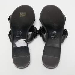 Chanel Black Leather Camellia Flat Slides Size 37.5