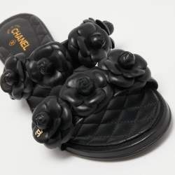 Chanel Black Leather Camellia Flat Slides Size 37.5