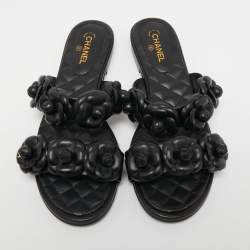 Chanel Black Leather Camellia Flat Slides Size 37.5