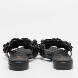 Chanel Black Leather Camellia Flat Slides Size 37.5