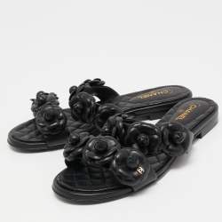 Chanel Black Leather Camellia Flat Slides Size 37.5