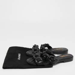 Chanel Black Leather Camellia Flat Slides Size 37.5