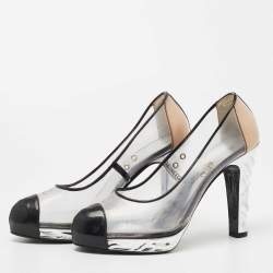Pre Owned Chanel Black/Beige Patent Leather and PVC CC Platform Pumps Size 39
