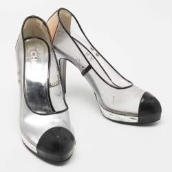 Pre Owned Chanel Black/Beige Patent Leather and PVC CC Platform Pumps Size 39