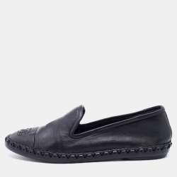Pre Owned Chanel Black Leather CC Cap Toe Smoking Slippers Size 35