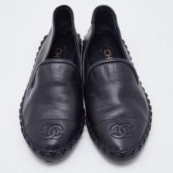 Pre Owned Chanel Black Leather CC Cap Toe Smoking Slippers Size 35