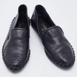 Pre Owned Chanel Black Leather CC Cap Toe Smoking Slippers Size 35