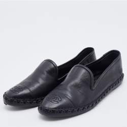 Pre Owned Chanel Black Leather CC Cap Toe Smoking Slippers Size 35