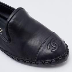 Pre Owned Chanel Black Leather CC Cap Toe Smoking Slippers Size 35