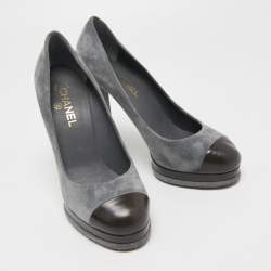 Pre Owned Chanel Grey/Green Suede And Leather Cap Toe Platform Block Heel Pumps Size 41.5