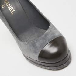 Pre Owned Chanel Grey/Green Suede And Leather Cap Toe Platform Block Heel Pumps Size 41.5