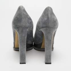 Pre Owned Chanel Grey/Green Suede And Leather Cap Toe Platform Block Heel Pumps Size 41.5