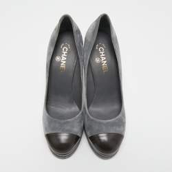 Pre Owned Chanel Grey/Green Suede And Leather Cap Toe Platform Block Heel Pumps Size 41.5