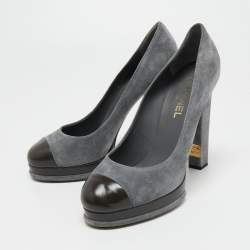 Pre Owned Chanel Grey/Green Suede And Leather Cap Toe Platform Block Heel Pumps Size 41.5