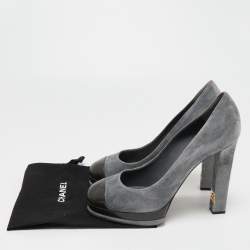 Pre Owned Chanel Grey/Green Suede And Leather Cap Toe Platform Block Heel Pumps Size 41.5