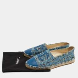 Pre Owned Chanel Blue Tweed And Leather CC Cap Toe Espadrille Flats Size 36 