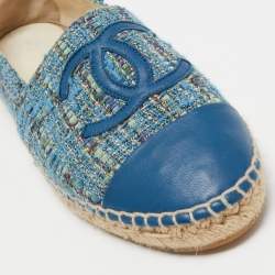 Pre Owned Chanel Blue Tweed And Leather CC Cap Toe Espadrille Flats Size 36 