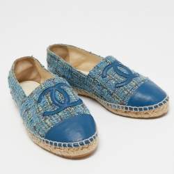 Pre Owned Chanel Blue Tweed And Leather CC Cap Toe Espadrille Flats Size 36 