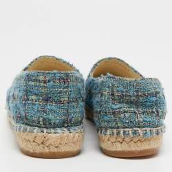 Pre Owned Chanel Blue Tweed And Leather CC Cap Toe Espadrille Flats Size 36 