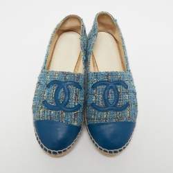 Pre Owned Chanel Blue Tweed And Leather CC Cap Toe Espadrille Flats Size 36 