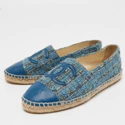 Pre Owned Chanel Blue Tweed And Leather CC Cap Toe Espadrille Flats Size 36 