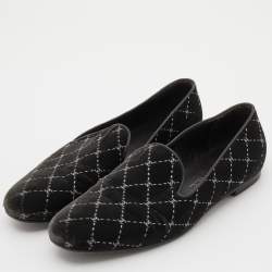 Pre Owned Chanel Grey Velvet Quilted CC Logo Smoking Slippers Size 39.5