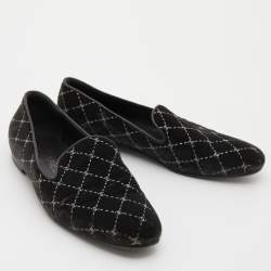 Pre Owned Chanel Grey Velvet Quilted CC Logo Smoking Slippers Size 39.5