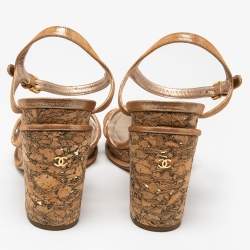 Chanel Gold Texture Suede Ankle Strap Cork Platform Sandals Size 41