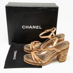 Chanel Gold Texture Suede Ankle Strap Cork Platform Sandals Size 41