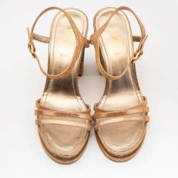 Chanel Gold Texture Suede Ankle Strap Cork Platform Sandals Size 41