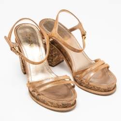 Chanel Gold Texture Suede Ankle Strap Cork Platform Sandals Size 41
