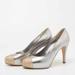 Pre Owned Chanel Silver/Gold Leather and Glitter Cap Toe CC Pumps Size 40.5